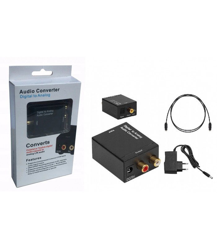 Konwerter optyczny Toslink na analog 2x RCA Cinch + Zasilacz