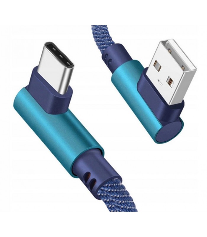 Solidny Kabel USB typ C Kątowy 2A QC oplot 1m Blue