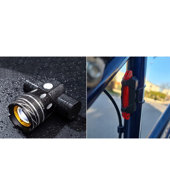 Mocna Lampka T6 ZOOM Przód + Tylne Światło Rower