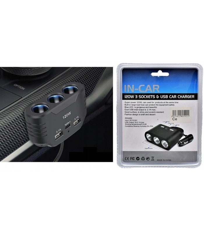 Ładowarka 120W USB-C Rozdzielacz 3x zapalniczki 12V 24V QC USB