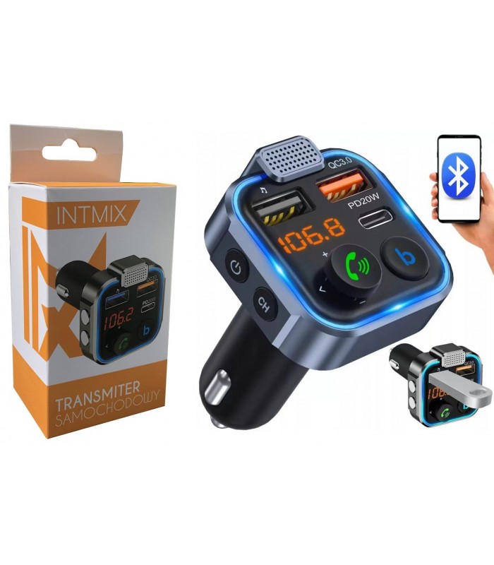 Transmiter Bluetooth FM Ładowarka 2x USB + Typ-C