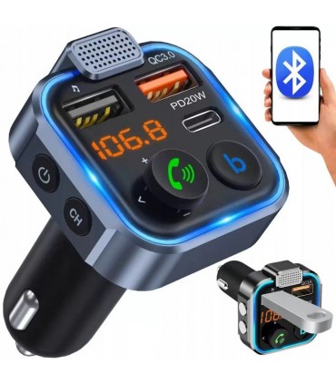 Transmiter Bluetooth FM Ładowarka 2x USB + Typ-C